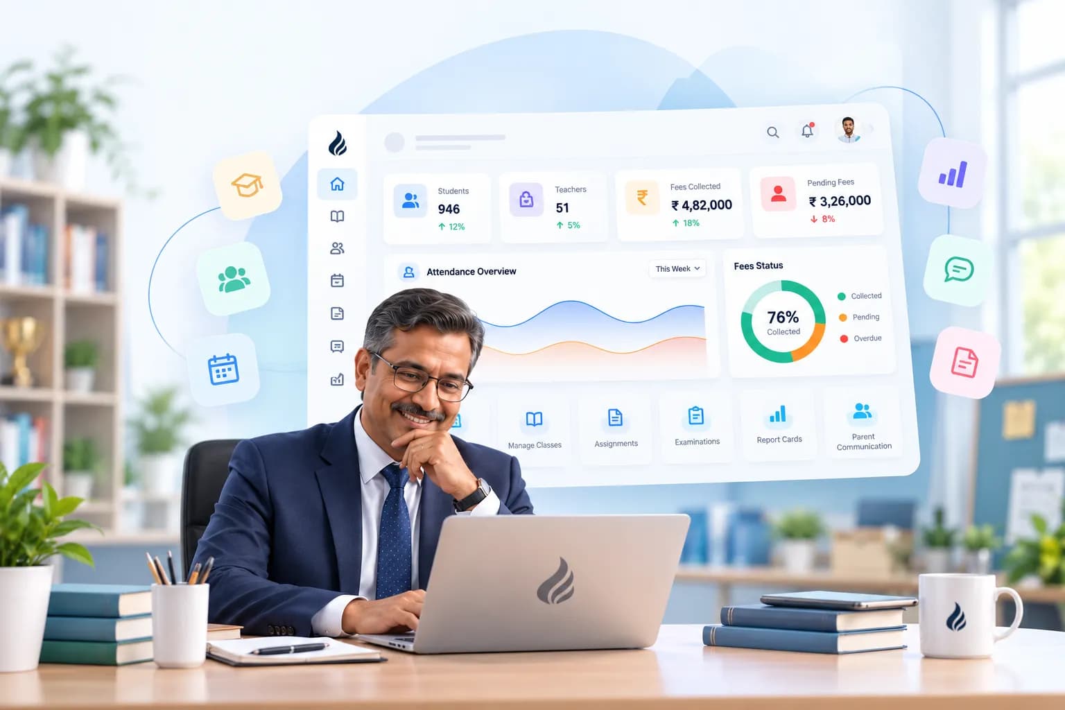 School administrator reviewing Indigle school management tools